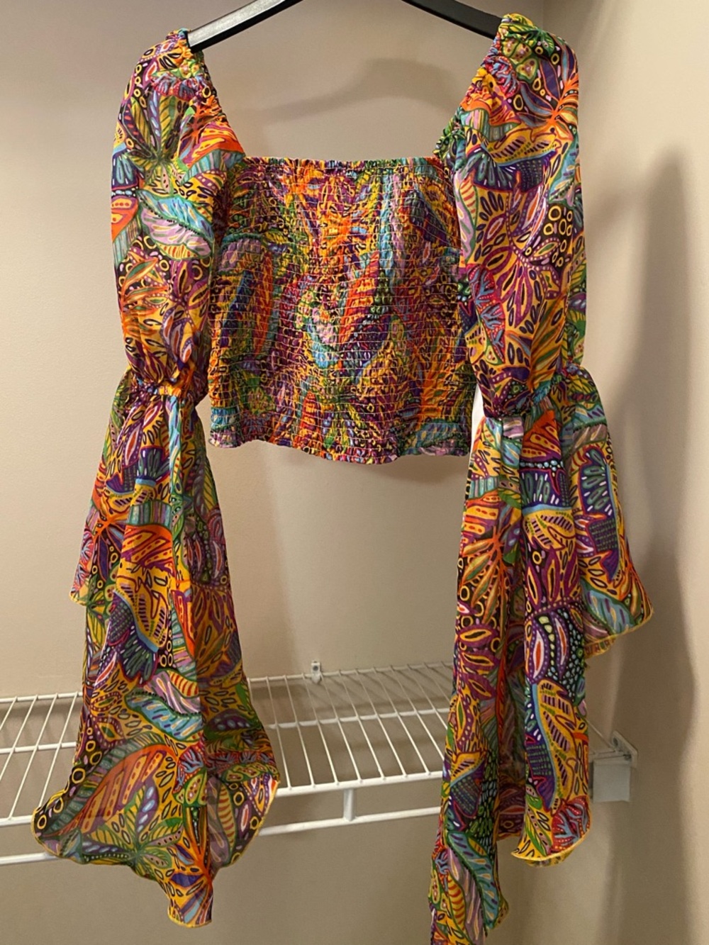 NEW Live 4 Truth Multicolor Smocked Crop Top with Dramatic Bell Sleeves Size L